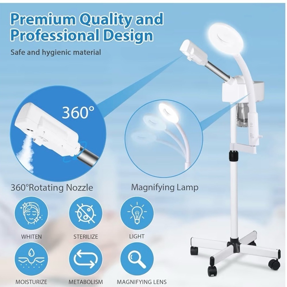 Esthetician or spa 2 in 1 steamer with magnifying light on rollers white - Picture 8 of 9